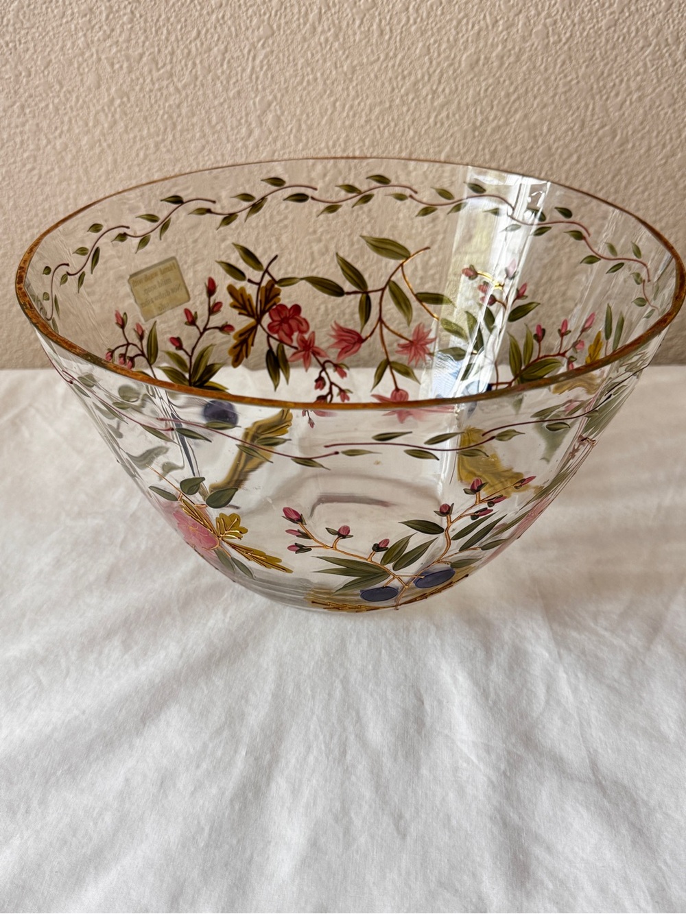 Hand-Painted Floral Glass Bowl - Clear with Pink, Yellow & Green